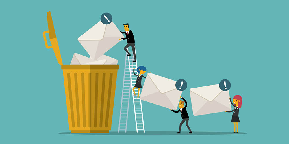 Illustration of office workers moving letters up a ladder and into the garbage.