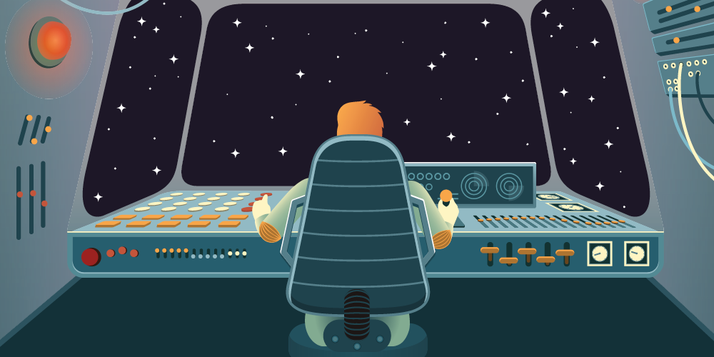Illustration of a person driving a space ship